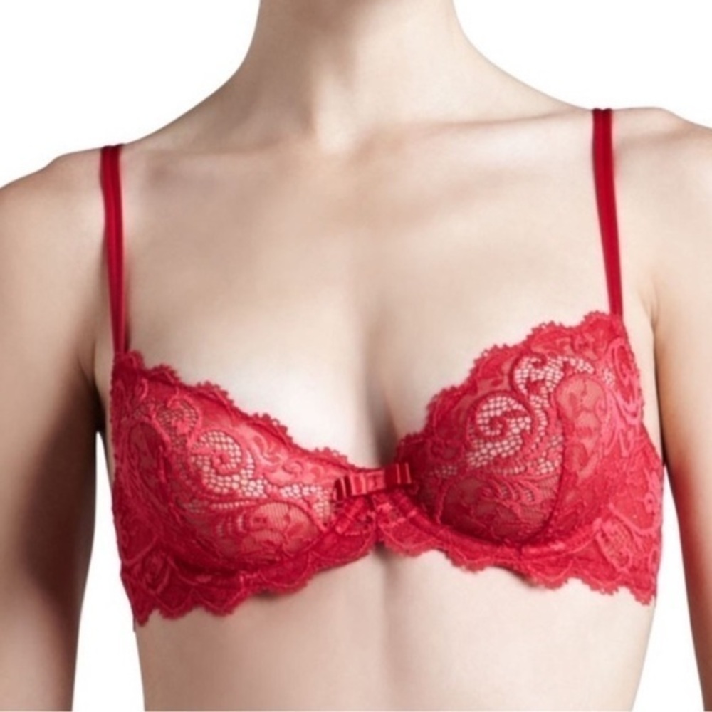 Simone Perele Celeste Red Lace Plunge Demi Cup Bra Size 34E‎